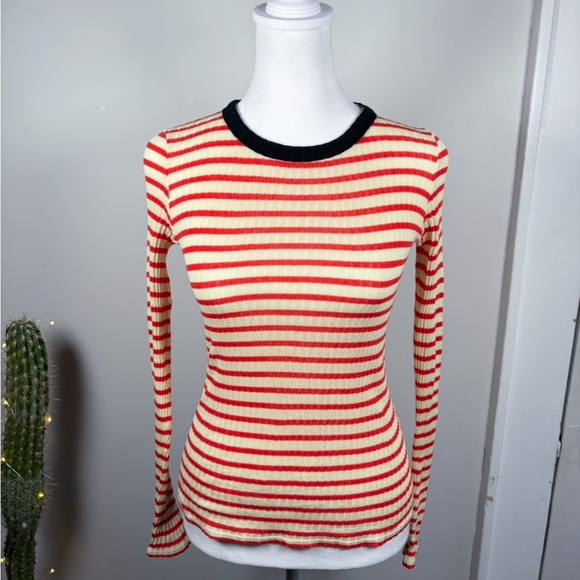 La Fetiche Red & Cream Striped Ribbed Long Sleeve Top - Made in France, Small - Picture 2 of 5